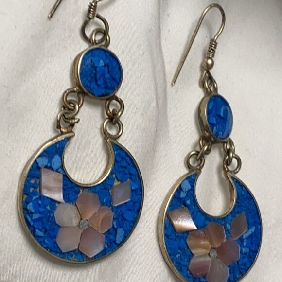 Genuine Lapis & mother of  Signed Alpoco Mexico Silver Mosaic  Flower Earrings - Picture 5 of 11